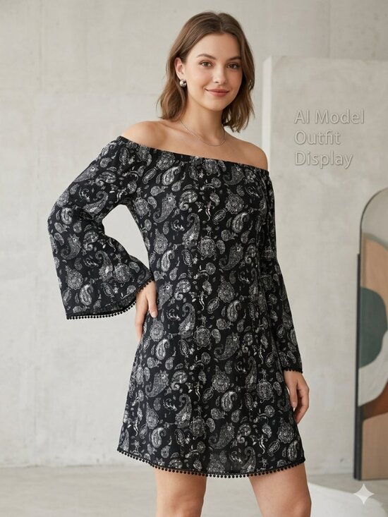Knox Rose Dresses & Skirts - Knox Rose Dress boho black XL paisley off-the-shoulder bell sleeve silhouette